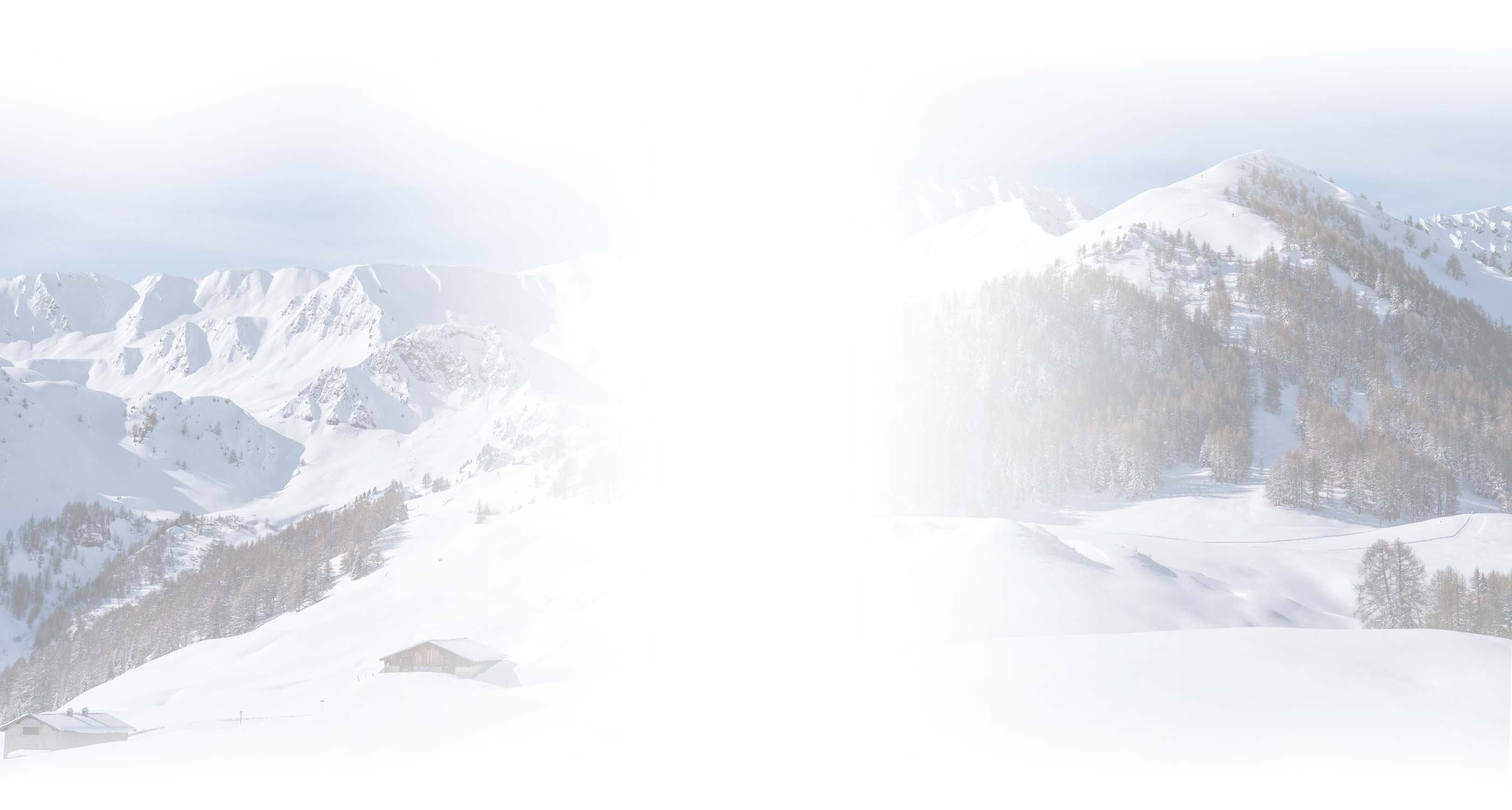 Photographie d'une montagne enneigée avec de la forêt et des chalets d'alpages.