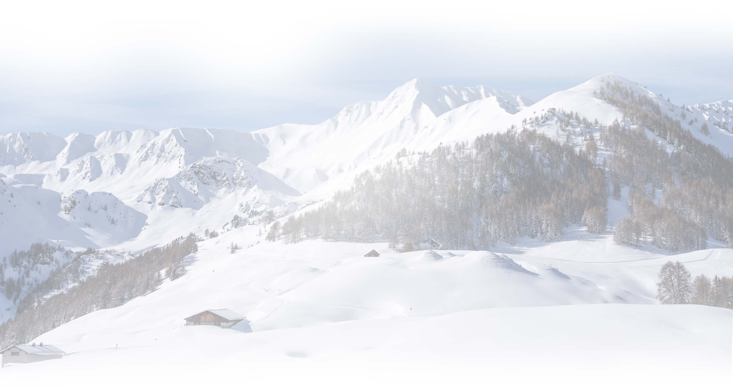 Photographie d'une montagne enneigée avec de la forêt et des chalets d'alpages.